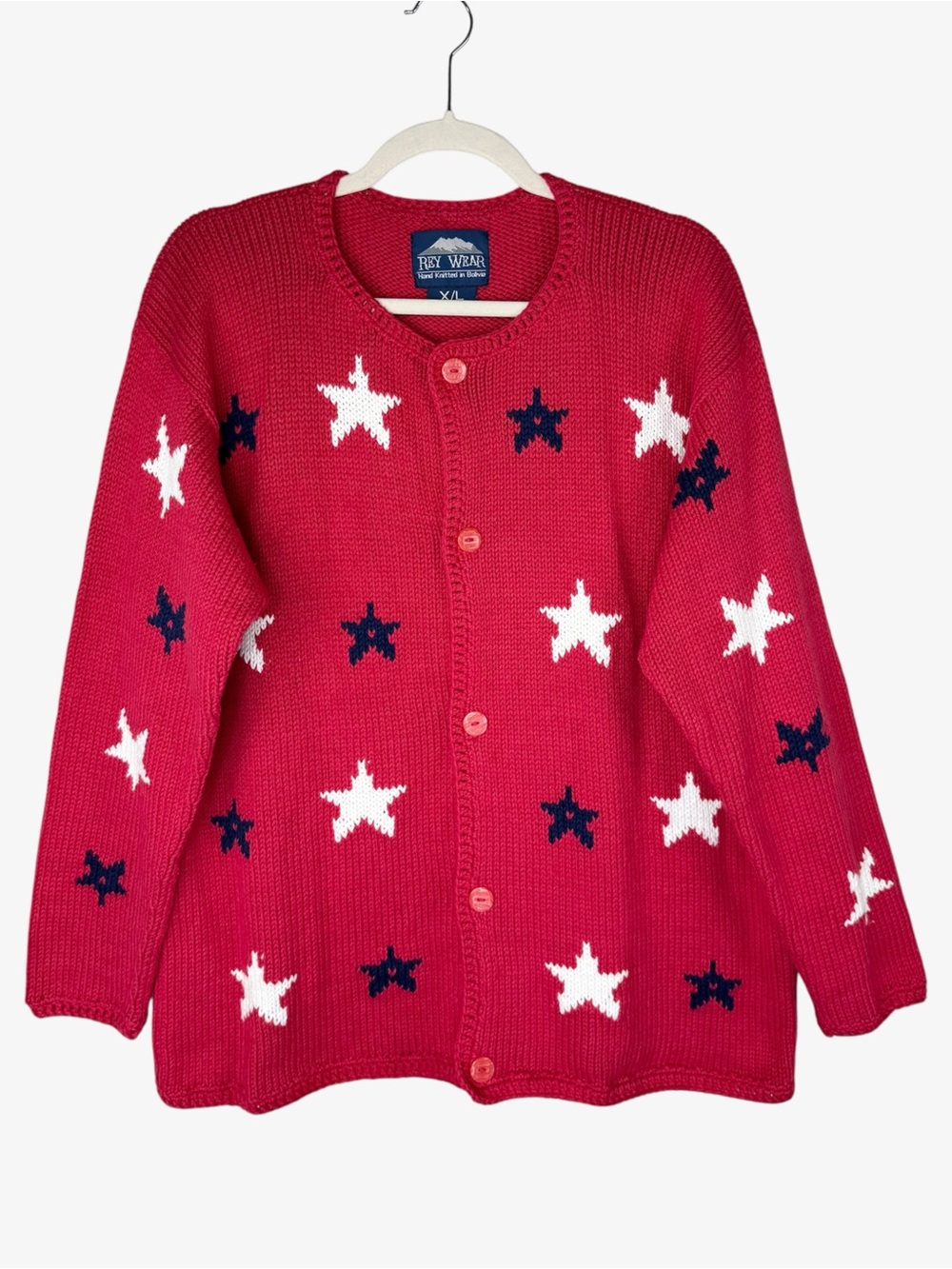 Vintage 80s 90s Red Hand Knit Star Cardigan Sweater XL Cotton Americana Y2K
